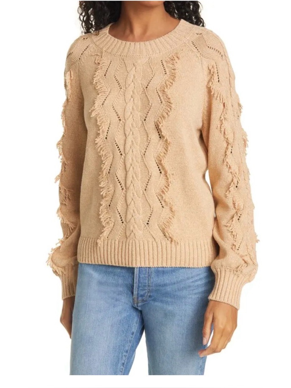 Rails Francis Fringe Cable Knit Crewneck Sweater - Beige, size XS